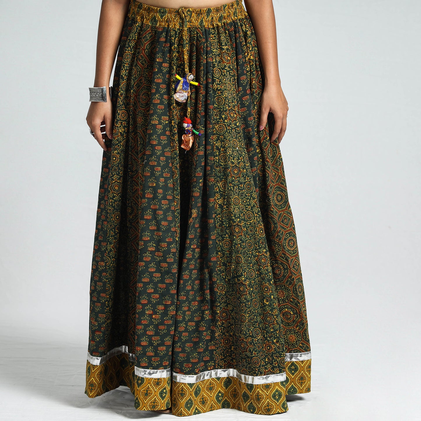Green - Ajrakh Block Printed 24 Kali Patchwork Cotton Long Skirt