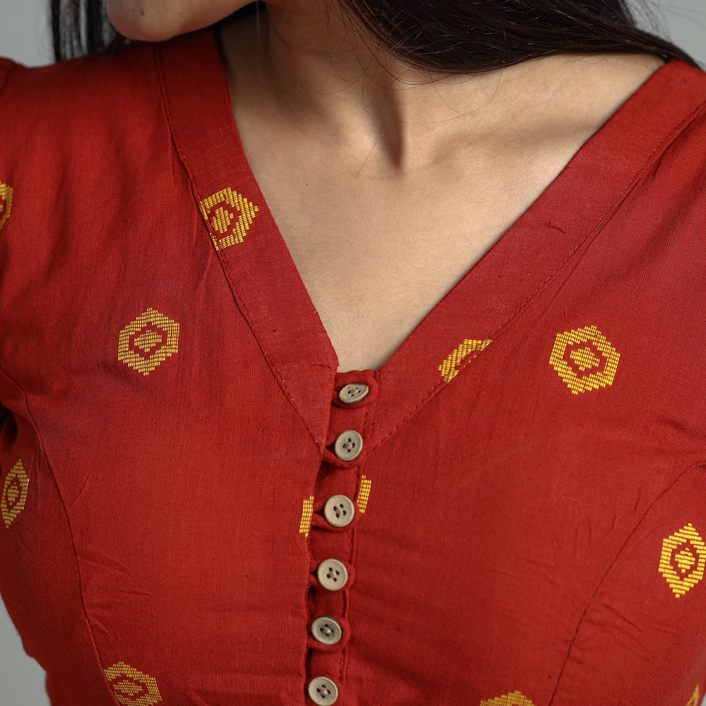 Red - Jacquard Weave Cotton Stitched Blouse 12