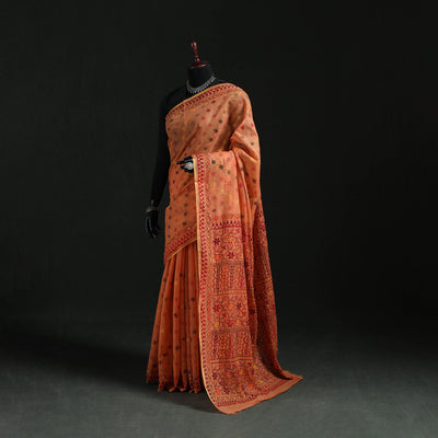 Orange - Bengal Kantha Hand Embroidery Silk Cotton Chapa Work Saree 38