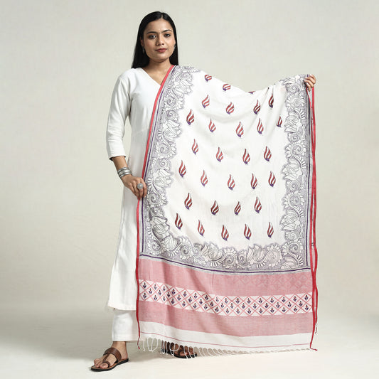 White - Bolpur Kantha Embroidery Cotton Handloom Dupatta with Tassels