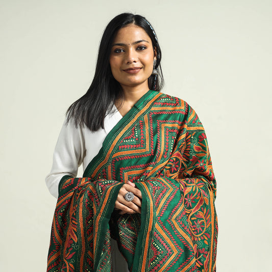 Green - Authentic Bengal Kantha Hand Embroidery Bangalore Silk Dupatta