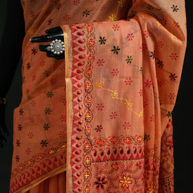 Orange - Bengal Kantha Hand Embroidery Silk Cotton Chapa Work Saree 38