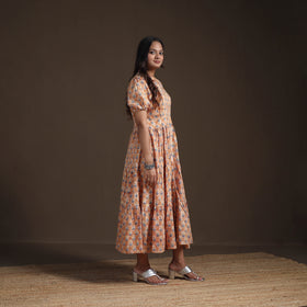 Sanganeri Floral Hand Block Print Cotton Tiered Long Dress for Women 09