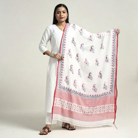 White - Bolpur Kantha Embroidery Cotton Handloom Dupatta with Tassels