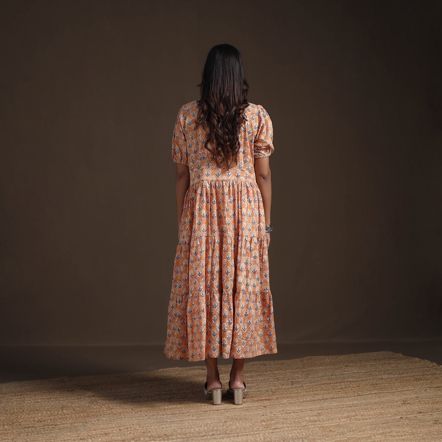 Sanganeri Floral Hand Block Print Cotton Tiered Long Dress for Women 09
