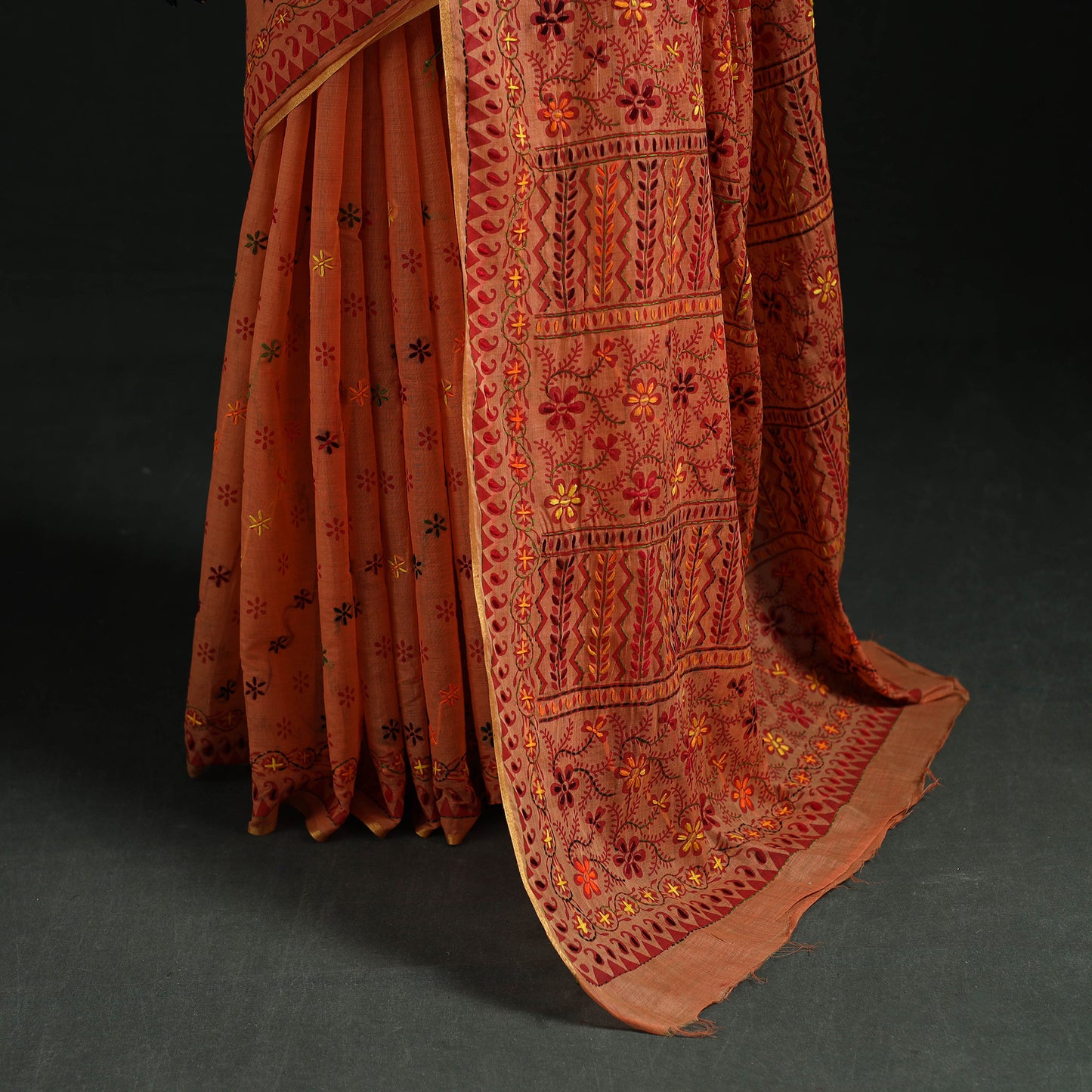 Orange - Bengal Kantha Hand Embroidery Silk Cotton Chapa Work Saree 38