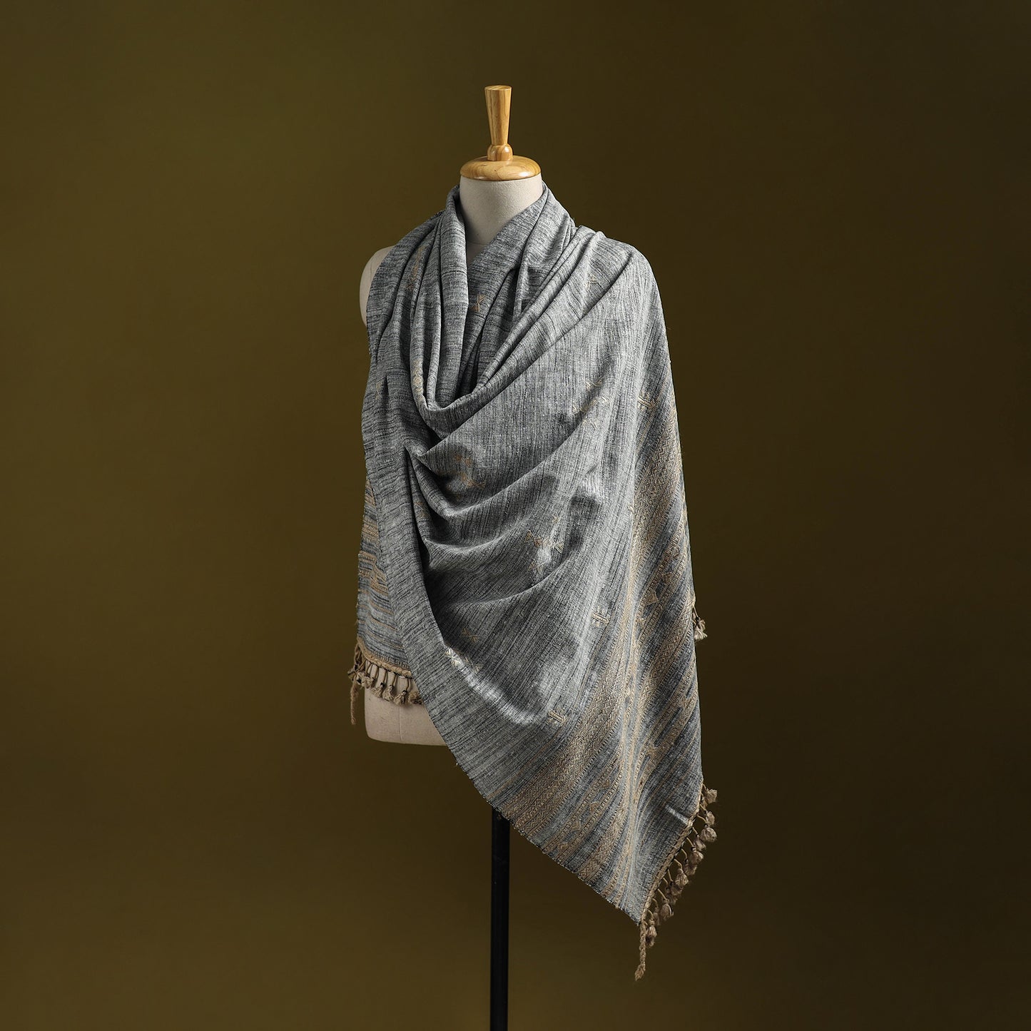 Grey - Kutch Handspun Handwoven Merino Wool x Katia Silk Chomuk Buta Shawl 08
