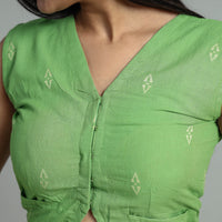 Green - Jacquard Weave Cotton Stitched Blouse 15