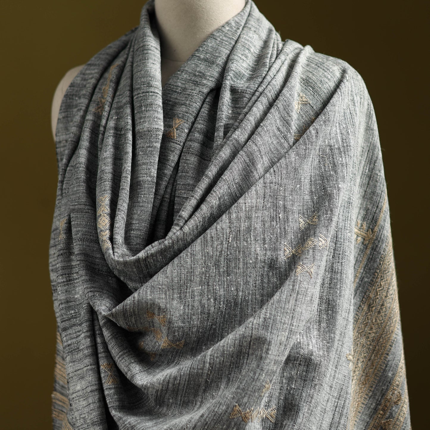 Grey - Kutch Handspun Handwoven Merino Wool x Katia Silk Chomuk Buta Shawl 08