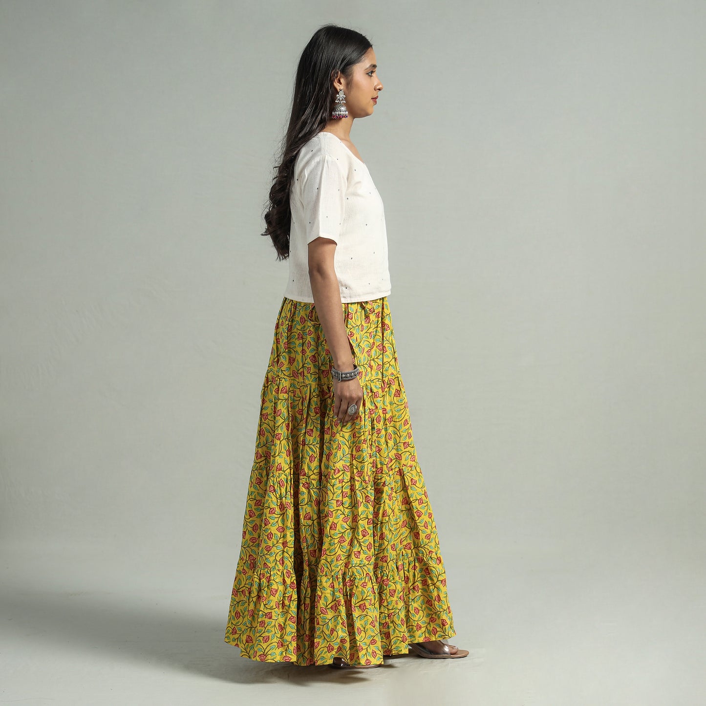 Yellow - Sanganeri Block Printed Tiered Cotton Long Skirt