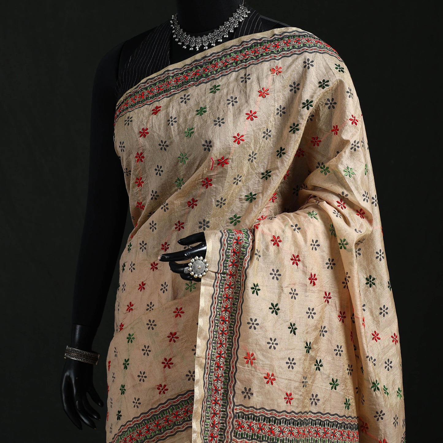 Beige - Bengal Kantha Hand Embroidery Silk Cotton Chapa Work Saree 39