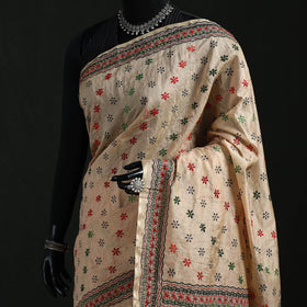 Beige - Bengal Kantha Hand Embroidery Silk Cotton Chapa Work Saree 39