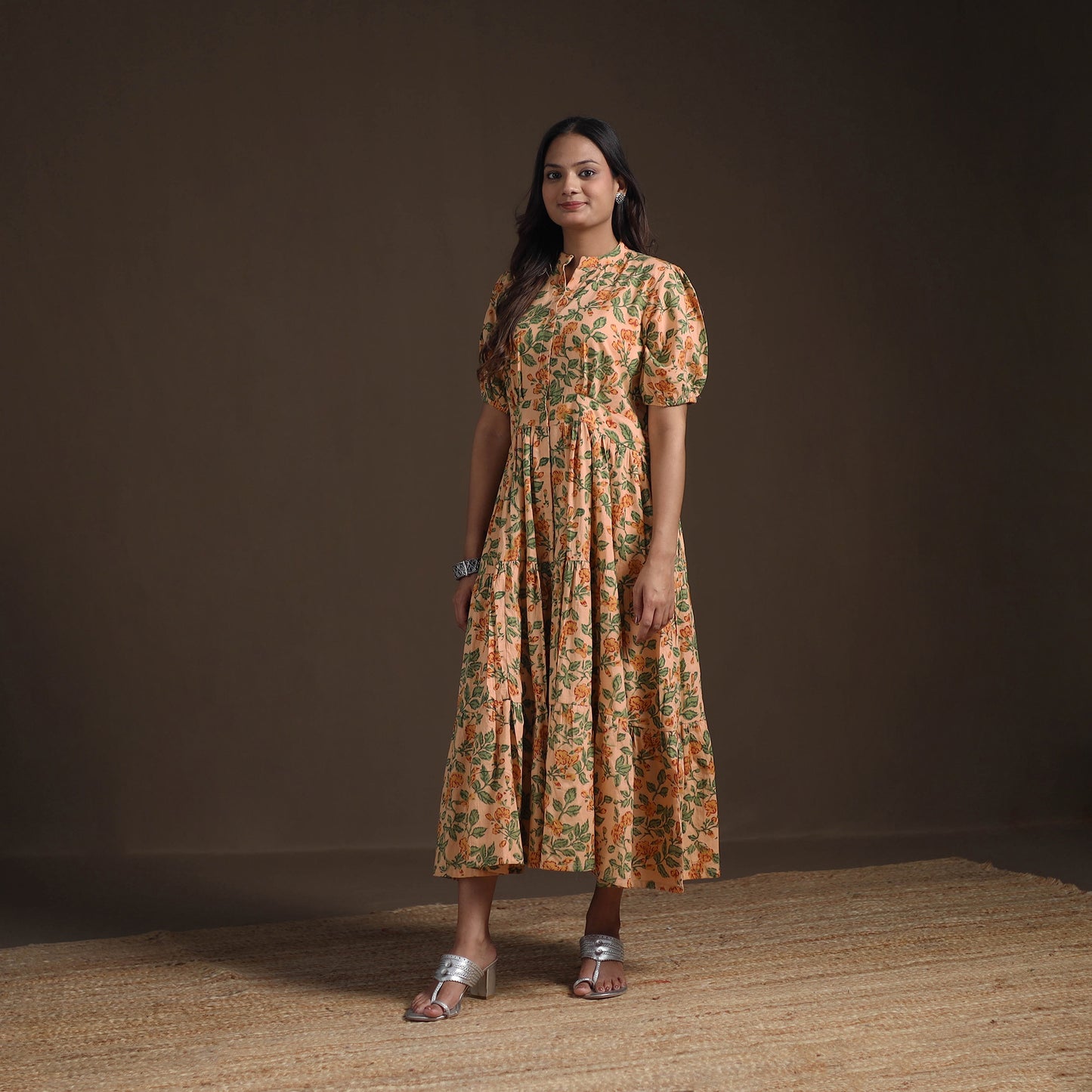 Sanganeri Floral Hand Block Print Cotton Tiered Long Dress for Women 08