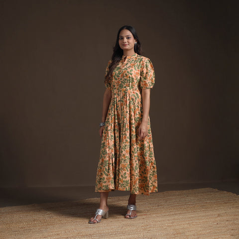 Sanganeri Floral Hand Block Print Cotton Tiered Long Dress for Women 08