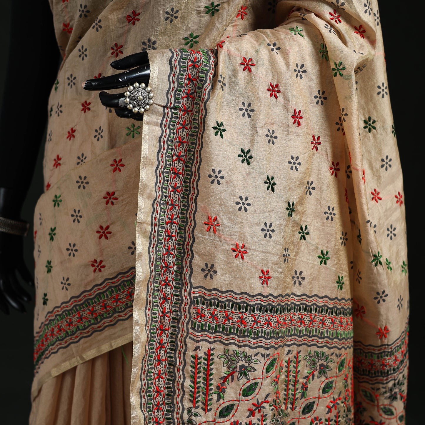 Beige - Bengal Kantha Hand Embroidery Silk Cotton Chapa Work Saree 39