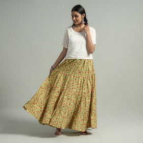 Yellow - Sanganeri Block Printed Tiered Cotton Long Skirt