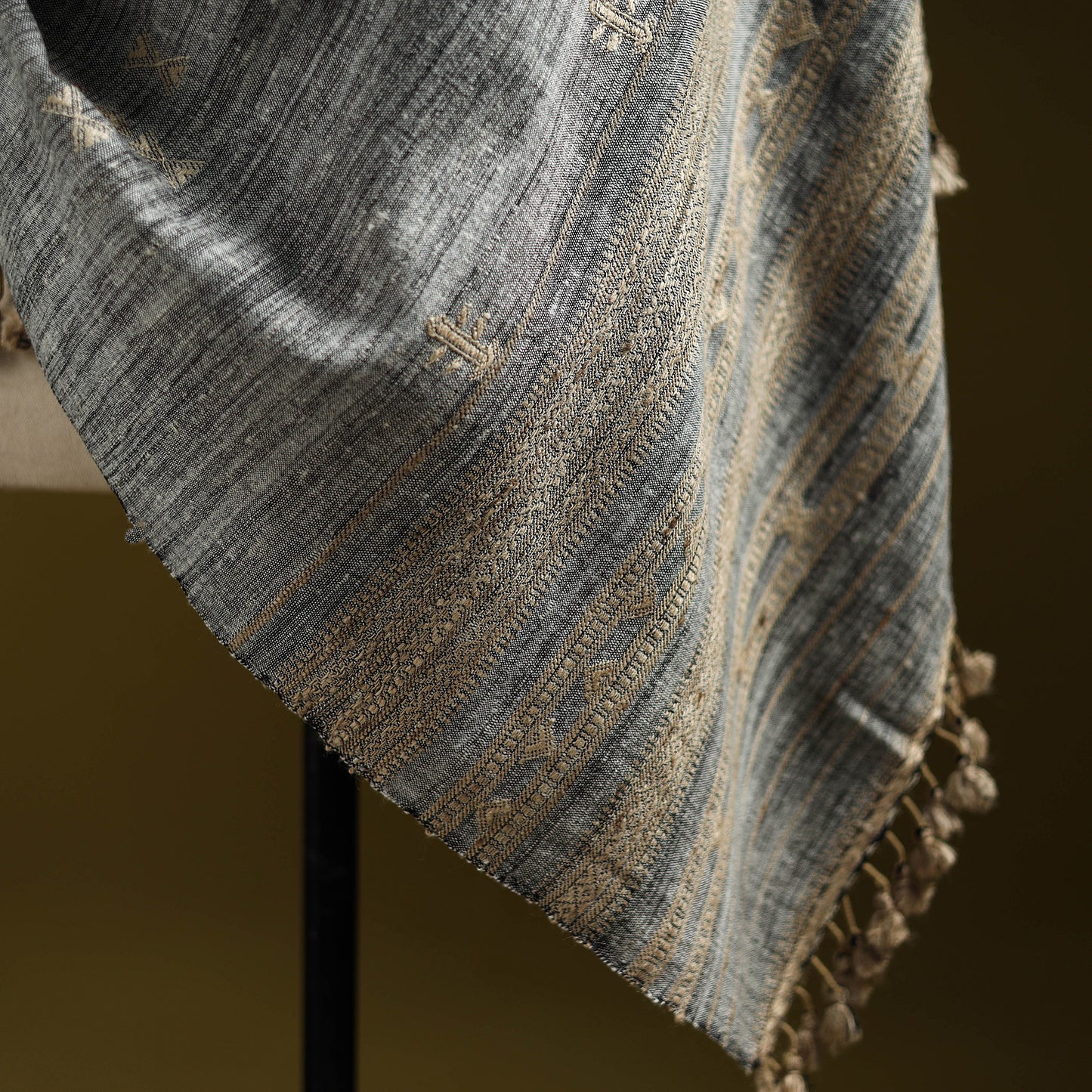 Grey - Kutch Handspun Handwoven Merino Wool x Katia Silk Chomuk Buta Shawl 08