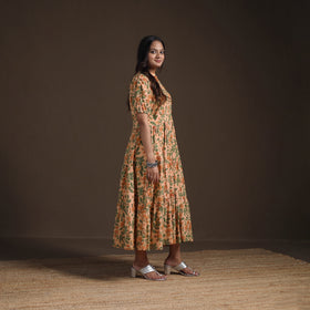 Sanganeri Floral Hand Block Print Cotton Tiered Long Dress for Women 08