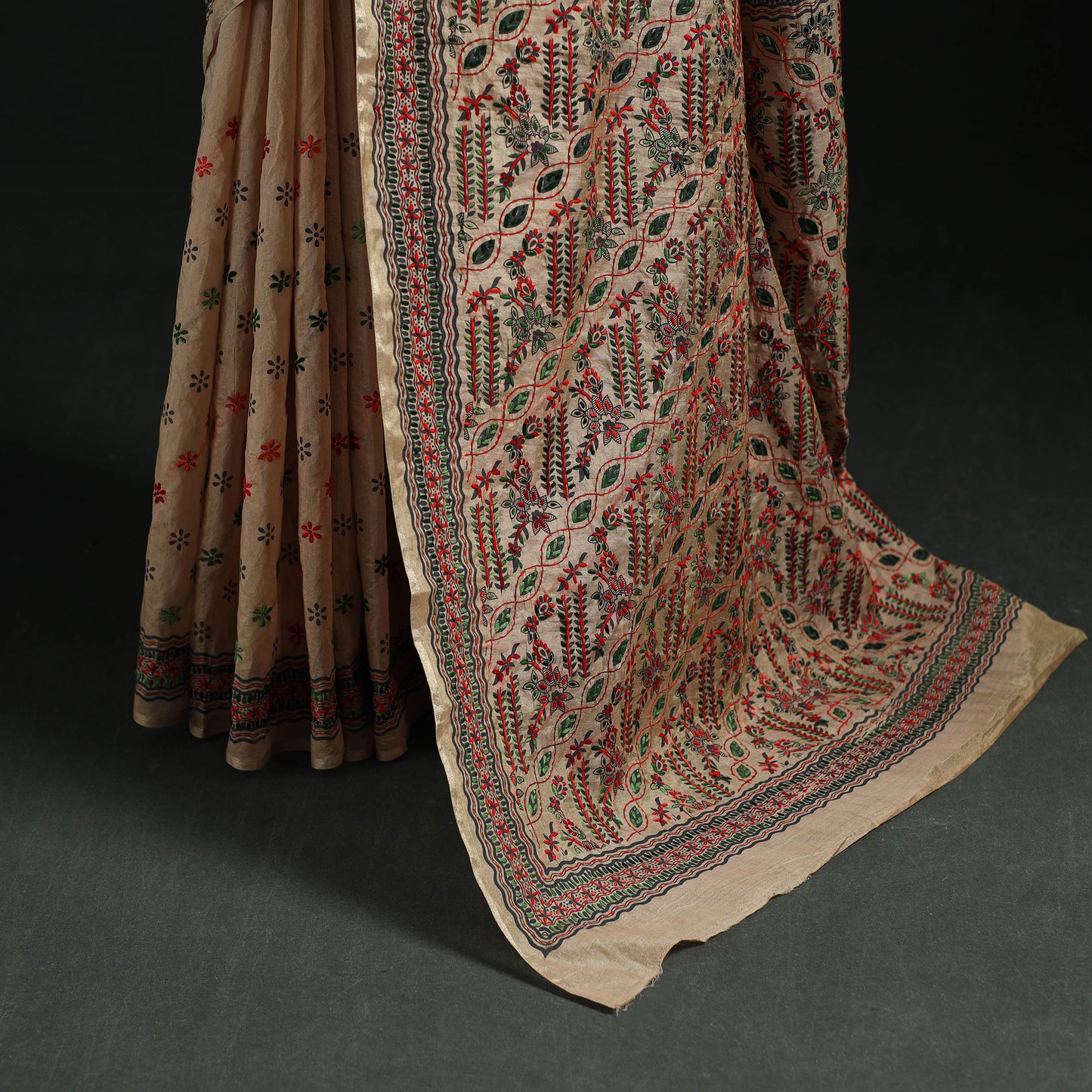 Beige - Bengal Kantha Hand Embroidery Silk Cotton Chapa Work Saree 39
