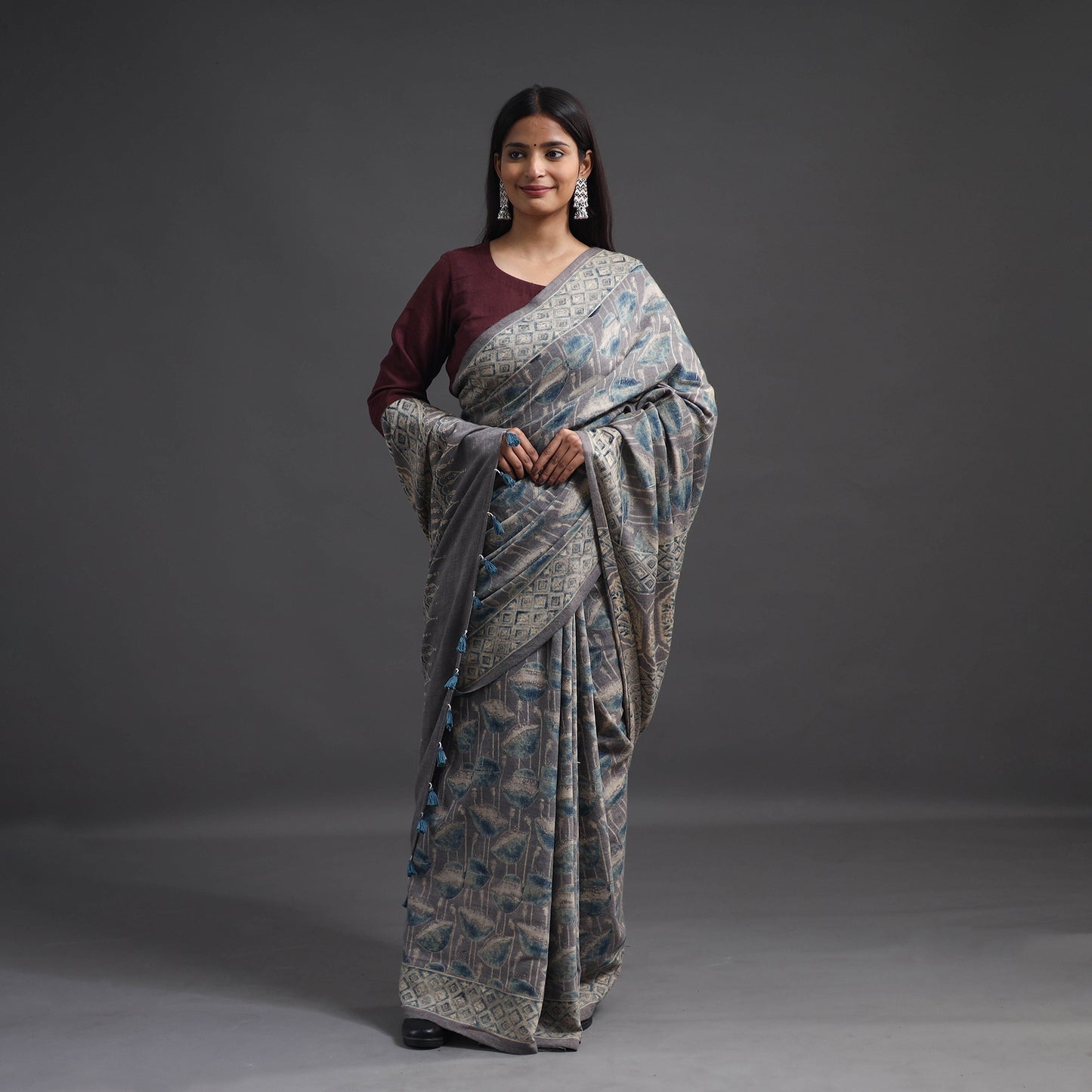 Grey - Merino Wool Block Print Ajrakh Saree with Tassels 01