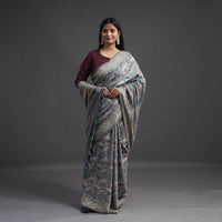 Grey - Merino Wool Block Print Ajrakh Saree with Tassels 01