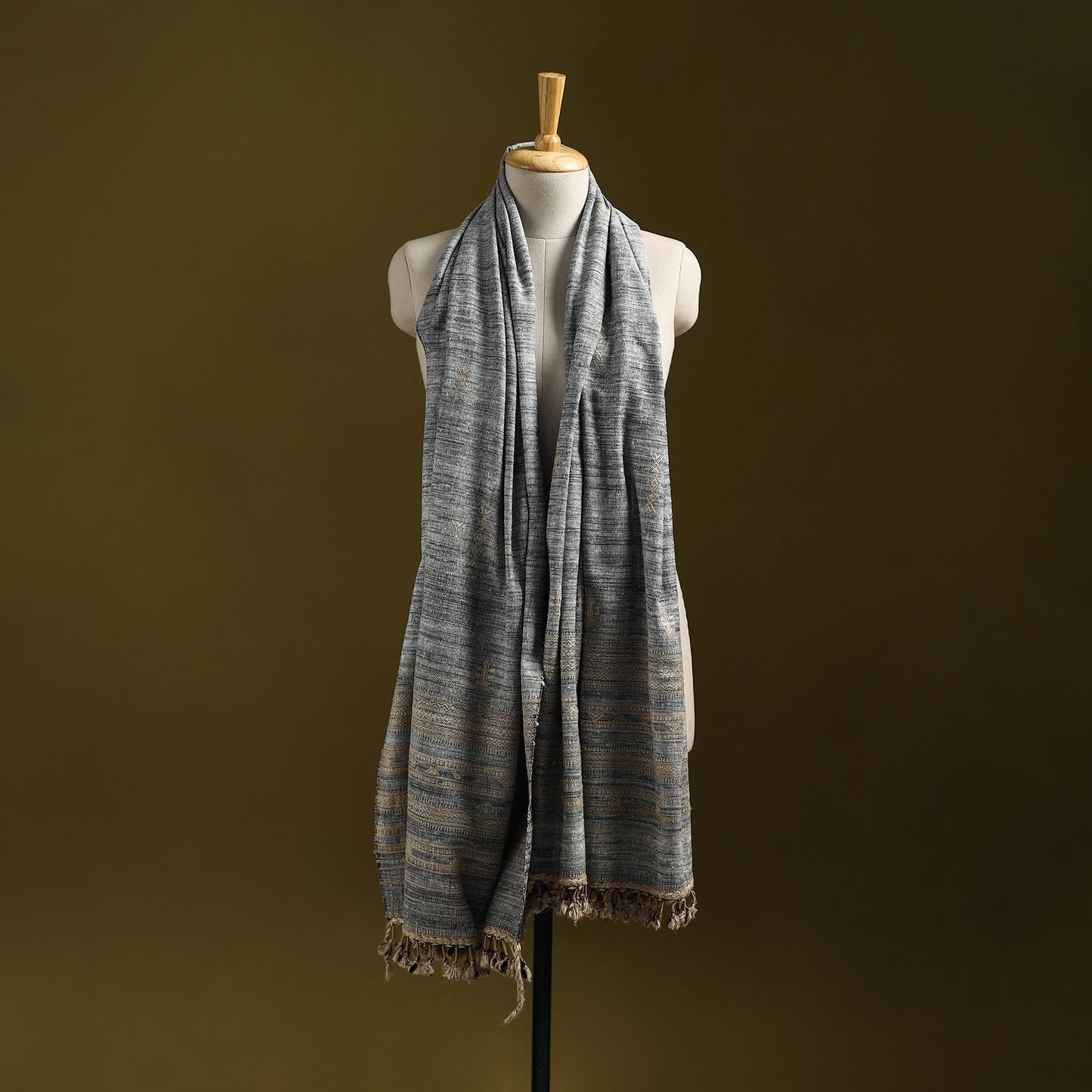 Grey - Kutch Handspun Handwoven Merino Wool x Katia Silk Chomuk Buta Shawl 08