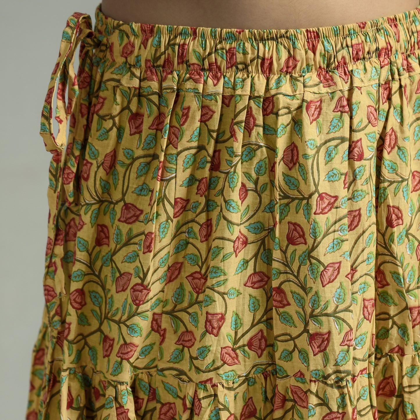Yellow - Sanganeri Block Printed Tiered Cotton Long Skirt