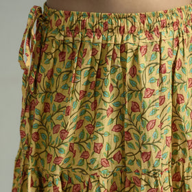 Yellow - Sanganeri Block Printed Tiered Cotton Long Skirt