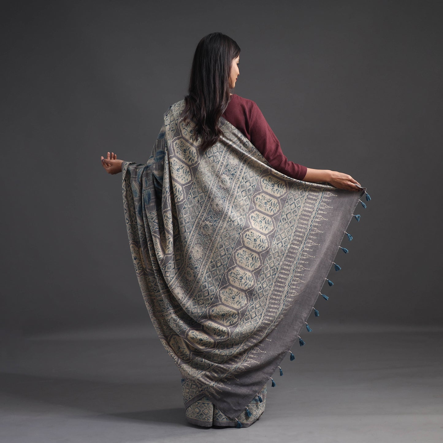 Grey - Merino Wool Block Print Ajrakh Saree with Tassels 01