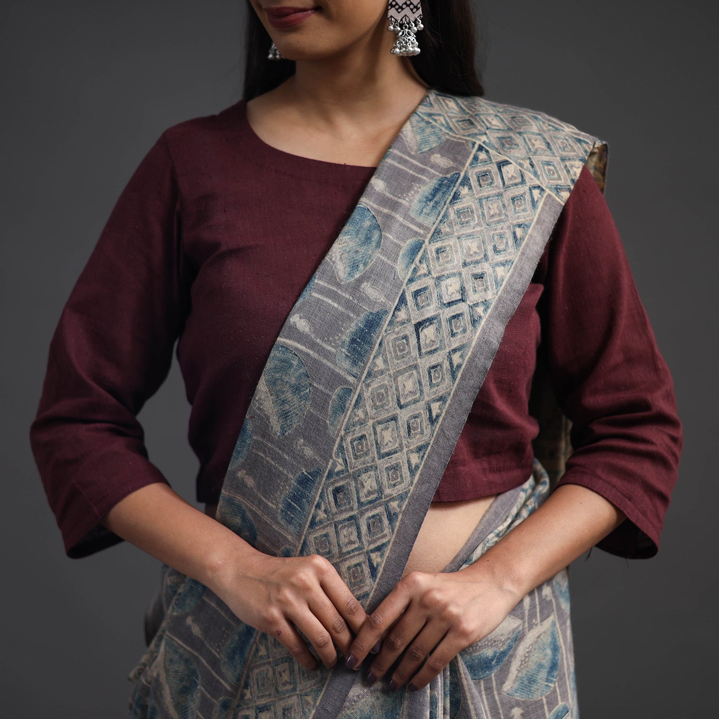 Grey - Merino Wool Block Print Ajrakh Saree with Tassels 01