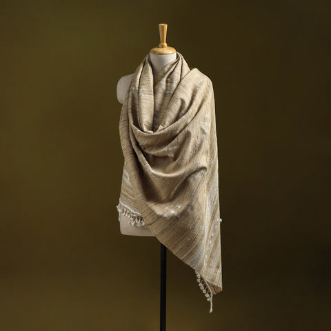 Beige - Kutch Handspun Handwoven Merino Wool x Katia Silk Chomuk Buta Shawl 01