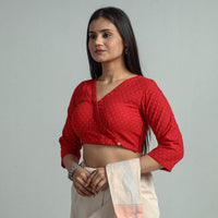 Red - Jacquard Weave Cotton Stitched Blouse 12