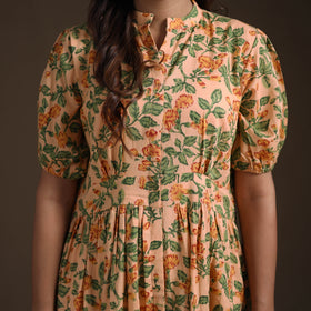 Sanganeri Floral Hand Block Print Cotton Tiered Long Dress for Women 08