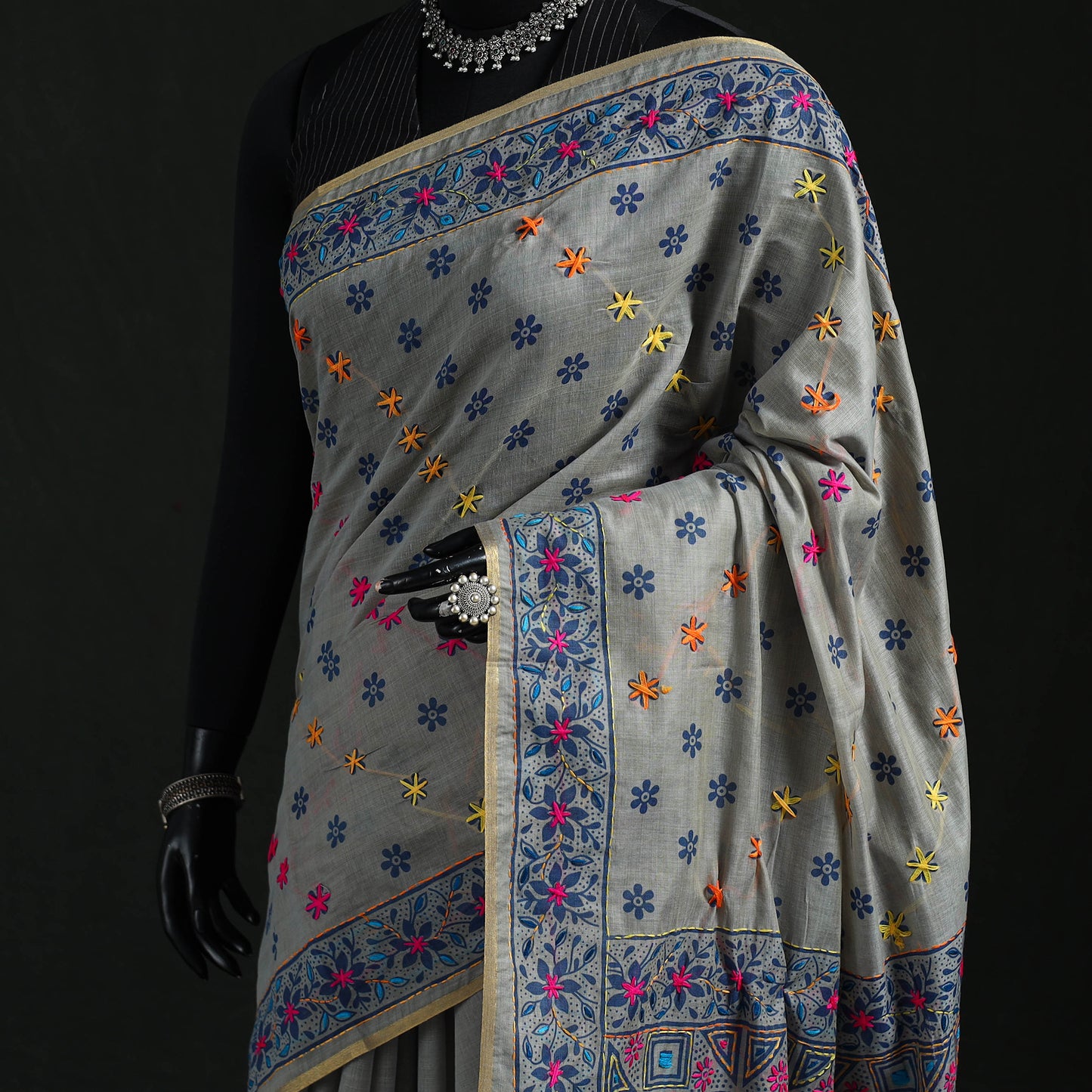 Bengal Kantha Hand Embroidery Silk Cotton Chapa Work Saree 40