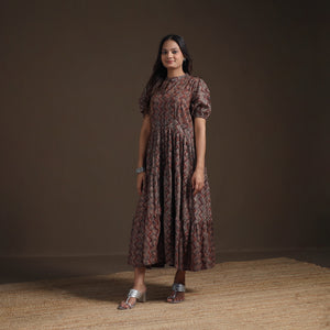 Sanganeri Floral Hand Block Print Cotton Tiered Long Dress for Women 07