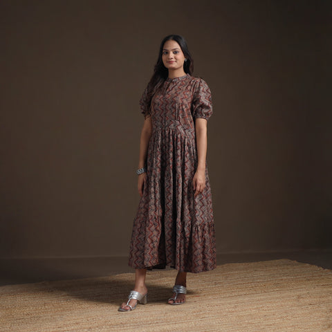 Sanganeri Floral Hand Block Print Cotton Tiered Long Dress for Women 07