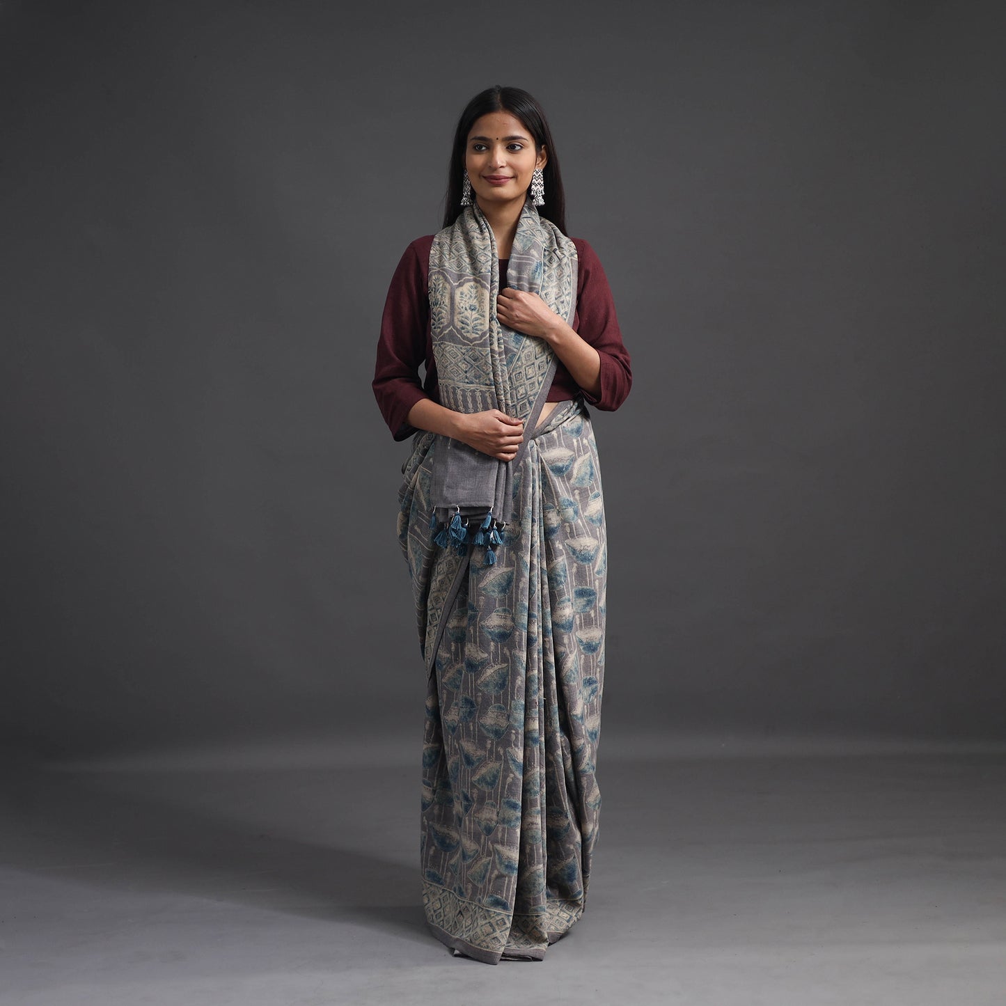 Grey - Merino Wool Block Print Ajrakh Saree with Tassels 01