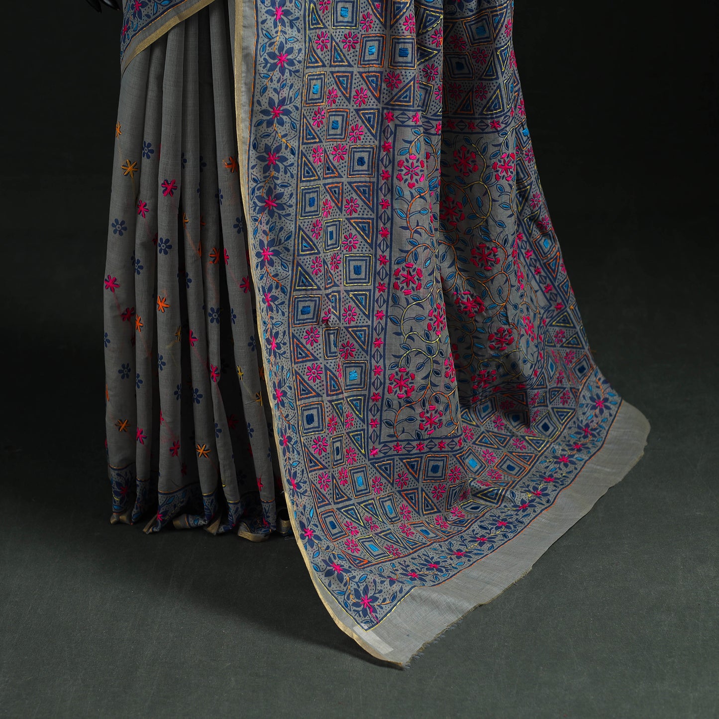 Bengal Kantha Hand Embroidery Silk Cotton Chapa Work Saree 40