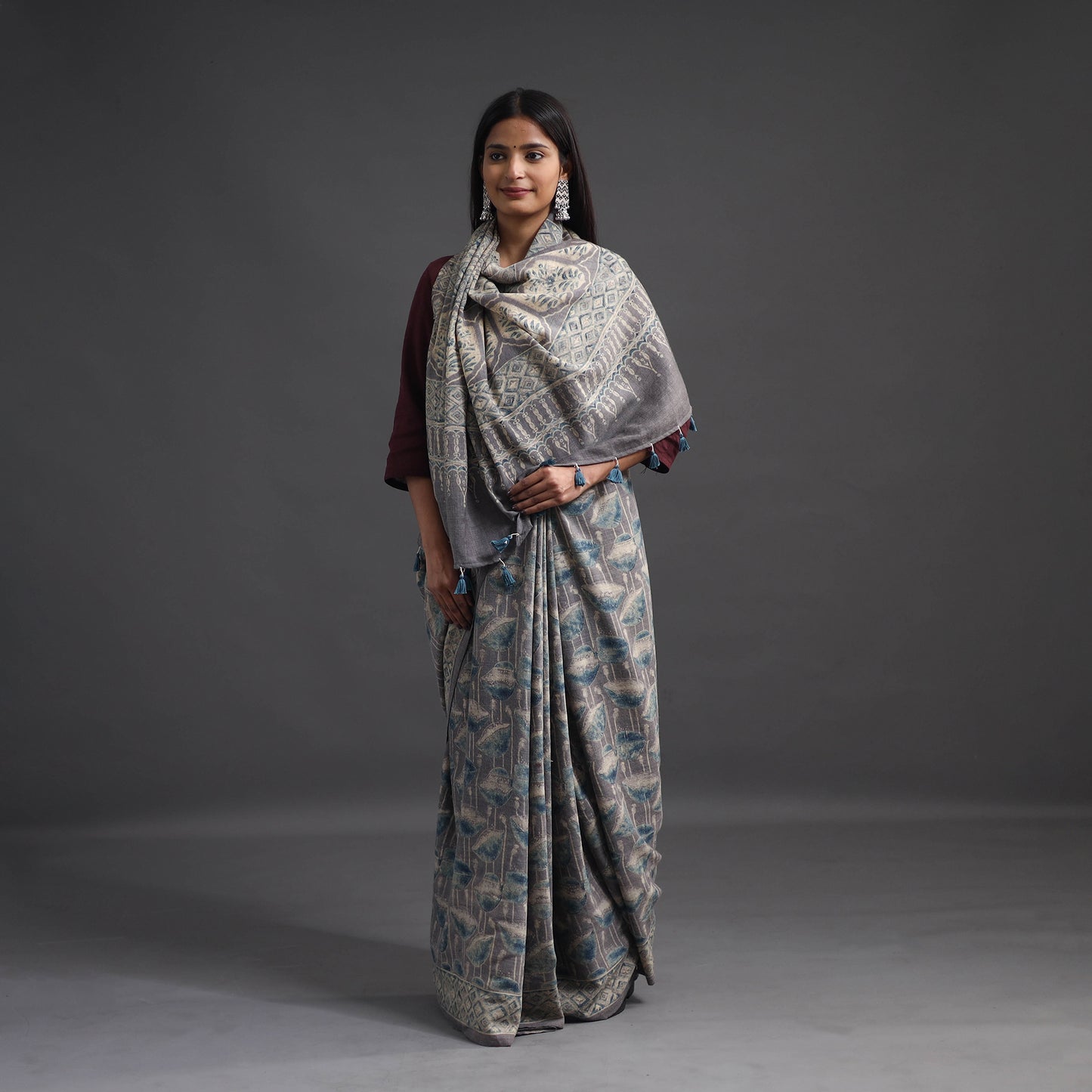 Grey - Merino Wool Block Print Ajrakh Saree with Tassels 01