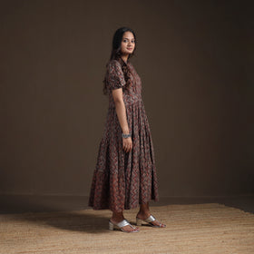 Sanganeri Floral Hand Block Print Cotton Tiered Long Dress for Women 07