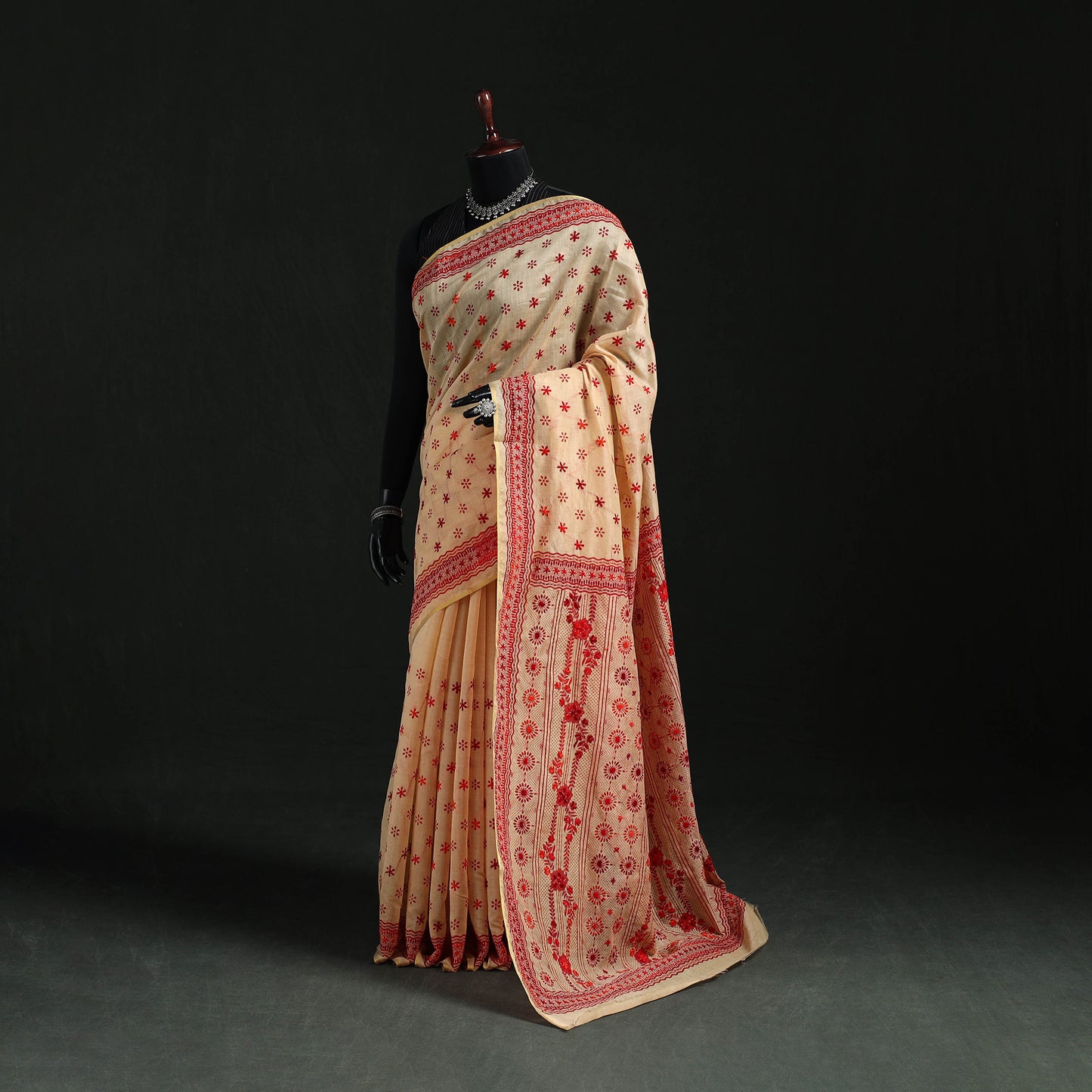 Beige - Bengal Kantha Hand Embroidery Silk Cotton Chapa Work Saree 41