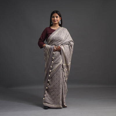 Grey - Merino Wool Block Print Ajrakh Saree with Tassels 02