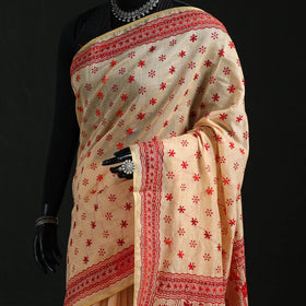 Beige - Bengal Kantha Hand Embroidery Silk Cotton Chapa Work Saree 41