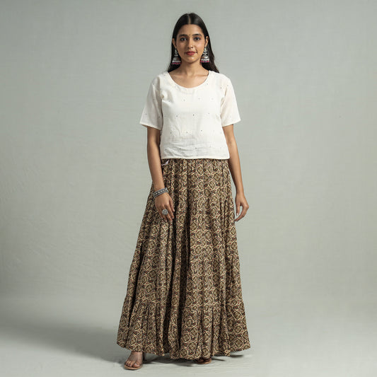 Beige - Sanganeri Block Printed Tiered Cotton Long Skirt