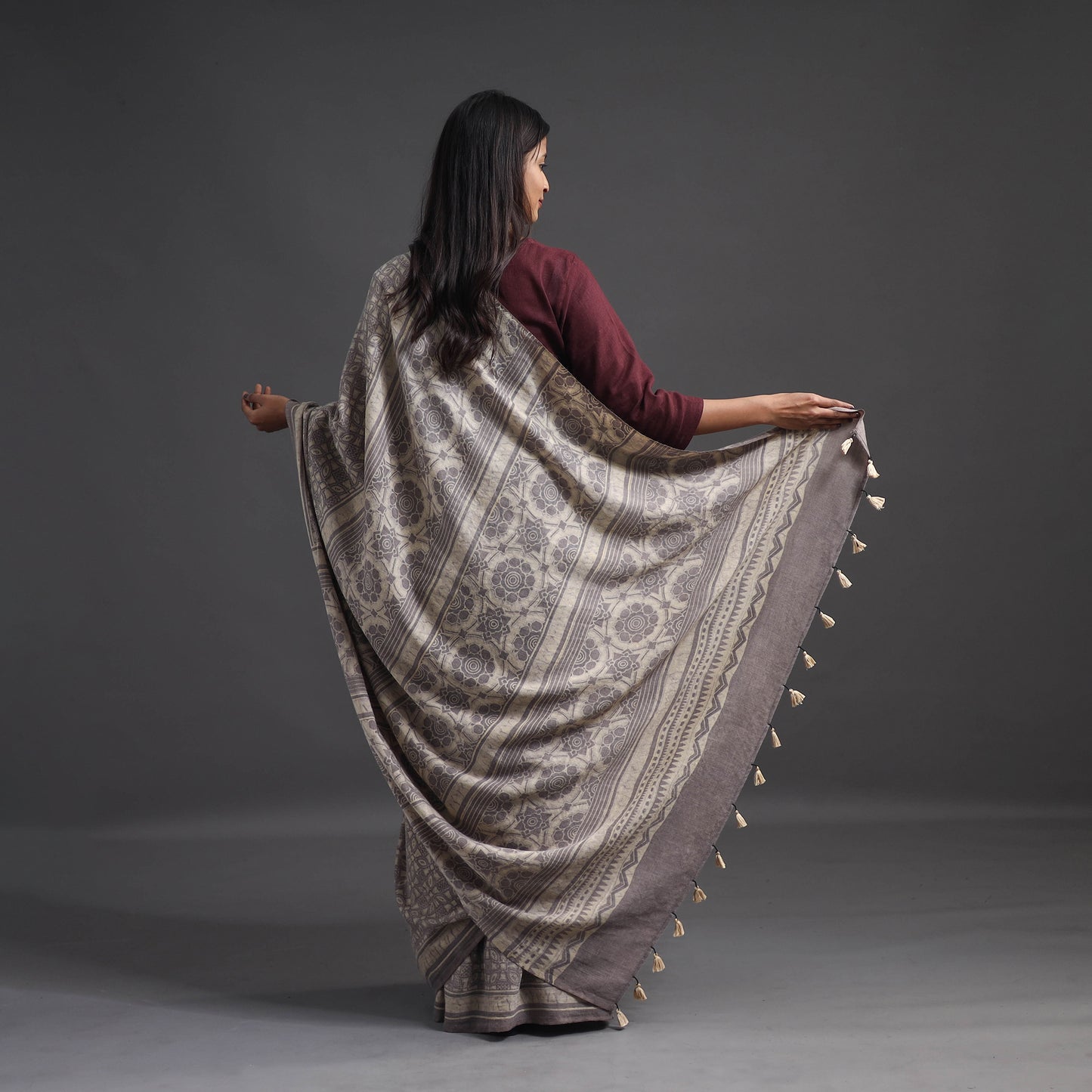 Grey - Merino Wool Block Print Ajrakh Saree with Tassels 02