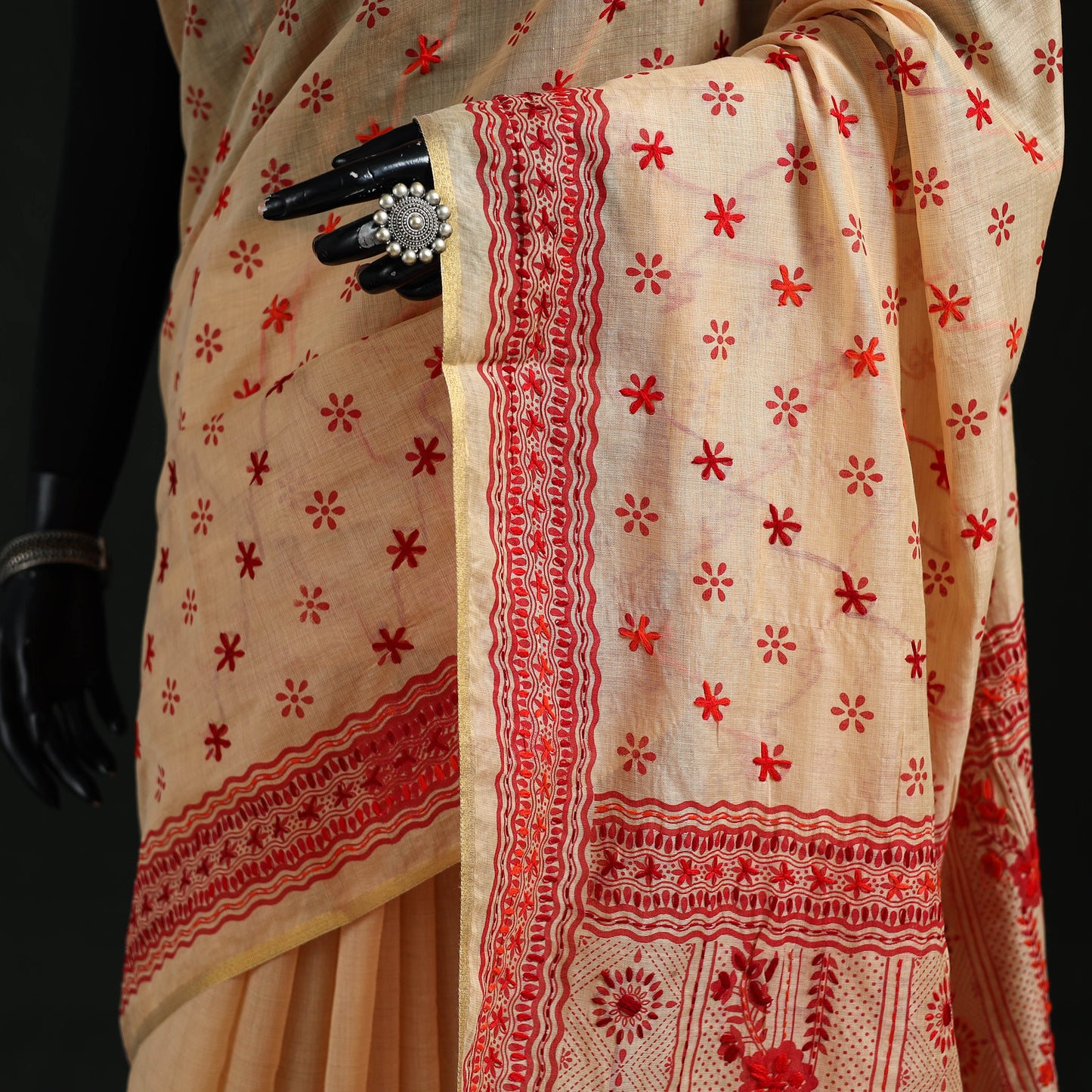 Beige - Bengal Kantha Hand Embroidery Silk Cotton Chapa Work Saree 41