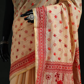 Beige - Bengal Kantha Hand Embroidery Silk Cotton Chapa Work Saree 41