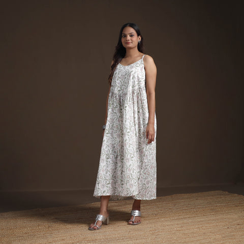 Sanganeri Floral Hand Block Print Cotton Flared Long Dress for Women 14