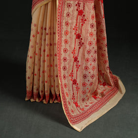 Beige - Bengal Kantha Hand Embroidery Silk Cotton Chapa Work Saree 41