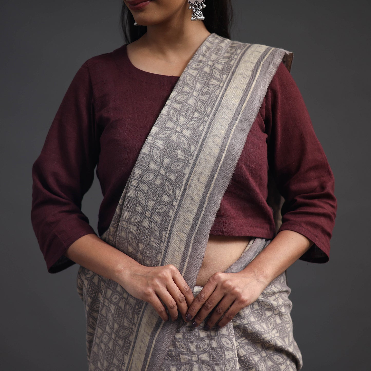 Grey - Merino Wool Block Print Ajrakh Saree with Tassels 02